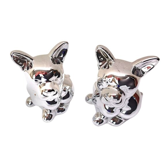 French Bulldog Figurine Set Of 2 Frenchie Dog Puppy Ceramic Silver Mirror Chrome - Picture 9 of 11